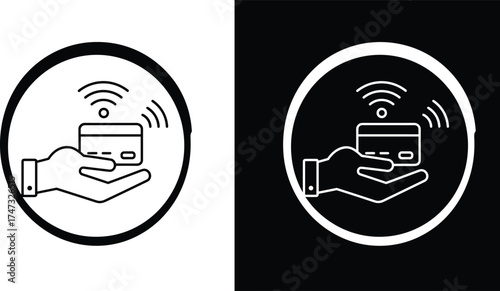 Contactless payment hand icon, credit card transaction vector illustration, mobile banking, secure wireless finance, online purchase and digital money technology design.