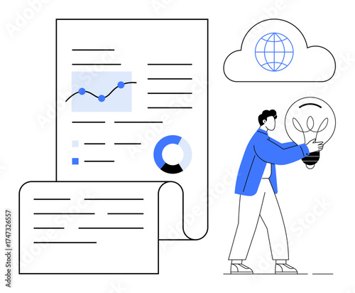 Man holding light bulb beside data-filled report, graph, pie chart, and cloud with globe icon. Ideal for analytics, innovation, research, technology, brainstorming data visualization