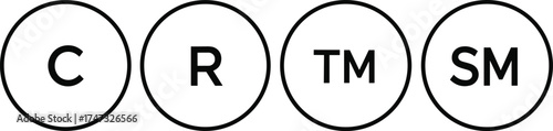 Copyright registered trademark service mark symbols collection, minimalist black and white vector design for branding, intellectual property protection, and corporate identity purposes.