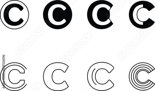  Copyright symbol variations vector set, creative intellectual property protection icons, legal rights logo collection, black and white design concept for branding illustration