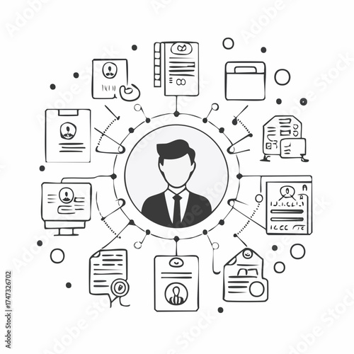 Line style icons of employee onboarding: HR documents icon, ID card issuance badge, contract signing symbol, digital form submission, personal data sheet, policy acknowledgment icon, compliance