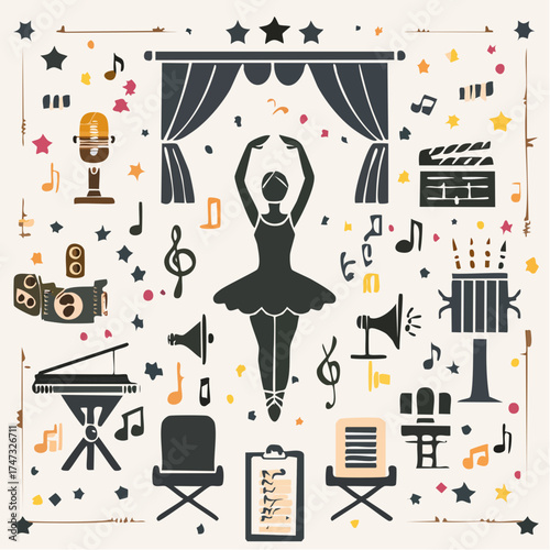 Solid style icons of performing arts: ballet dancer, stage spotlight, theater curtain, musical note, script page, director’s chair, live performance icon, ensemble ... See More