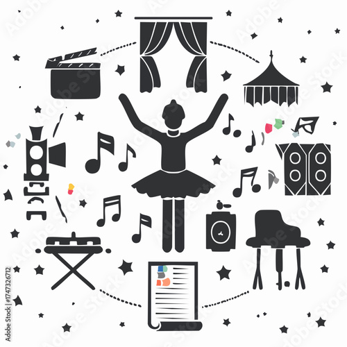 Solid style icons of performing arts: ballet dancer, stage spotlight, theater curtain, musical note, script page, director’s chair, live performance icon, ensemble ... See More