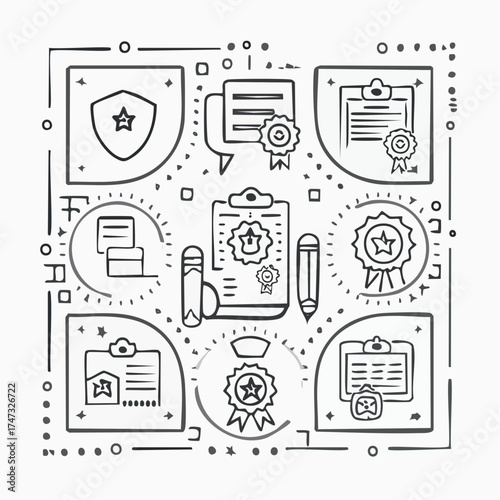 Line style icons of certification process: application form icon, assessment badge, exam tag, review process file, qualification board, approval chart, certification approval bubble, examination