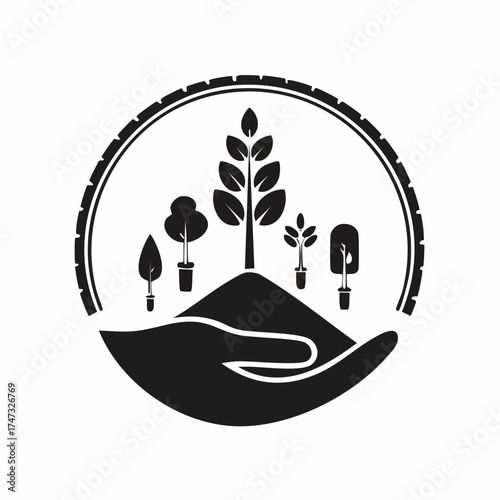 Solid style icons of tree planting and forest care: sapling icon, shovel and tree, reforestation badge, planted hand, seedling tray, tree protection icon, forest growth, native species icon.