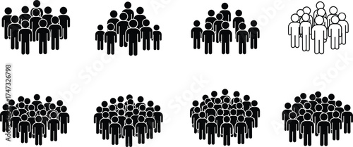 Crowd people icons, group teamwork silhouettes, human population pictograms, social community gathering illustration, diverse figures, business collaboration, society, unity concept vector