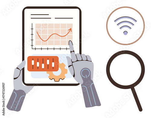 Robotic hands interacting with a tablet displaying data trends and settings, paired with wireless and magnifying glass. Ideal for technology, AI, analytics, innovation, automation, research