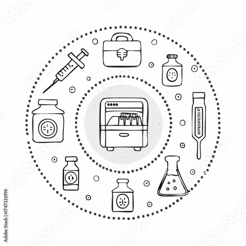 Line style icons of pharmacy (circular): vaccine fridge symbol, temperature-controlled icon, injection dose badge, vial and syringe ring, cold chain transport, vaccine passport stamp, ... See More