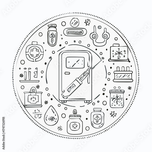 Line style icons of pharmacy (circular): vaccine fridge symbol, temperature-controlled icon, injection dose badge, vial and syringe ring, cold chain transport, vaccine passport stamp, ... See More