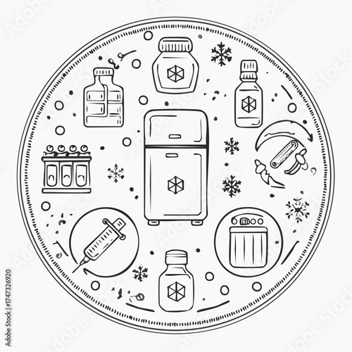 Line style icons of pharmacy (circular): vaccine fridge symbol, temperature-controlled icon, injection dose badge, vial and syringe ring, cold chain transport, vaccine passport stamp, ... See More