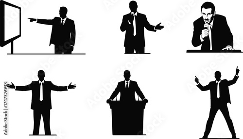 Business presentation silhouettes, public speaking poses, corporate communication, leadership gestures, motivational speaker, conference presentation, 