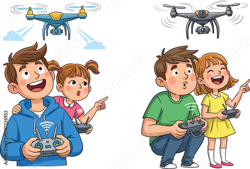 Children flying drones, kids operating remote control, outdoor fun activity, cartoon illustration, technology learning, playful hobby, teamwork, smiling faces, sky background