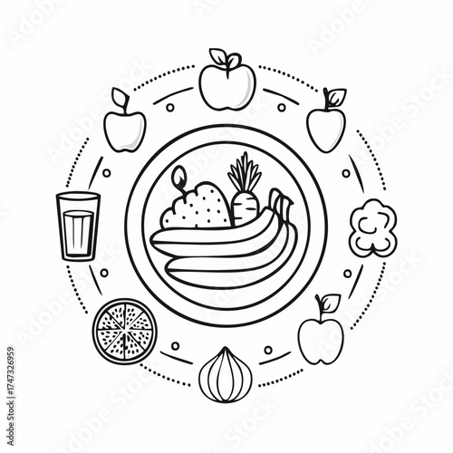 Healthy Nutrition Icons. Outline style icons of Healthy Nutrition: plate with vegetables, water glass, smoothie cup, fruit bowl,