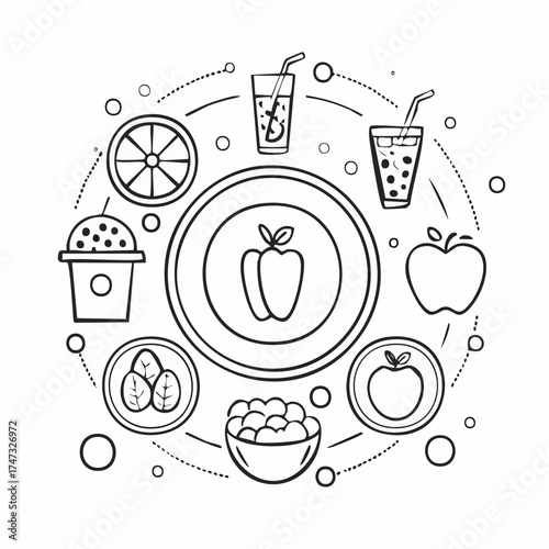 Healthy Nutrition Icons. Outline style icons of Healthy Nutrition: plate with vegetables, water glass, smoothie cup, fruit bowl,