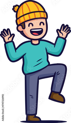 A cheerful cartoon boy in a yellow beanie dancing with excitement.