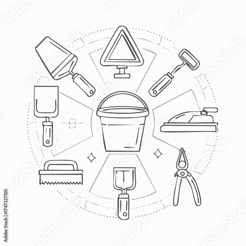 Line vector icons of construction and repair: mixing paddle, plaster bucket, stucco trowel, hawk board, corner trowel, surface float, render mesh, wet sponge.