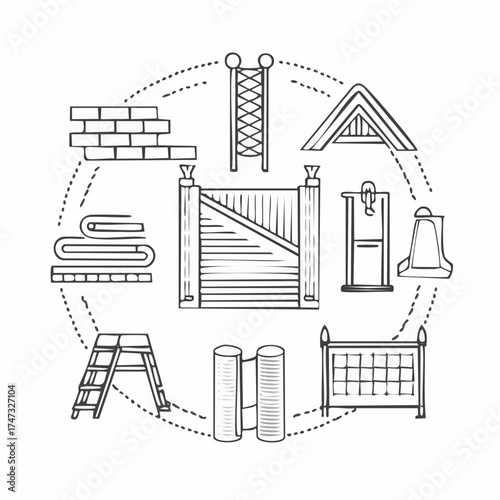 Line vector icons of construction and repair: roof tiles, roofing nailer, insulation roll, metal sheet, sealing tape, angle profile, roof ladder, ridge tile.