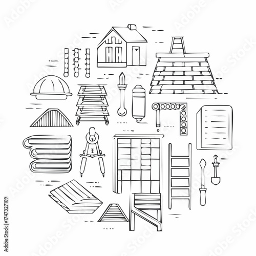 Line vector icons of construction and repair: roof tiles, roofing nailer, insulation roll, metal sheet, sealing tape, angle profile, roof ladder, ridge tile.