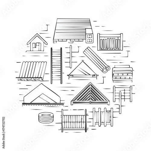 Line vector icons of construction and repair: roof tiles, roofing nailer, insulation roll, metal sheet, sealing tape, angle profile, roof ladder, ridge tile.