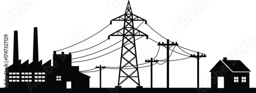 Electric power transmission and distribution system, energy supply from industrial power plant to residential house, electricity infrastructure vector illustration, black and white silhouette design