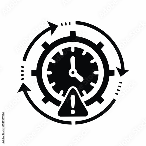 Remote Work Deadlines Icons. Solid style icons of deadlines in remote work: clock with exclamation, time limit icon, urgent