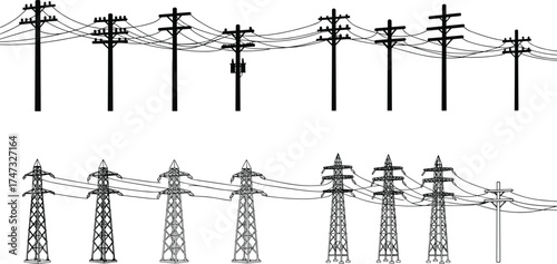 Electric power transmission lines, utility poles and high voltage towers, energy distribution network, 