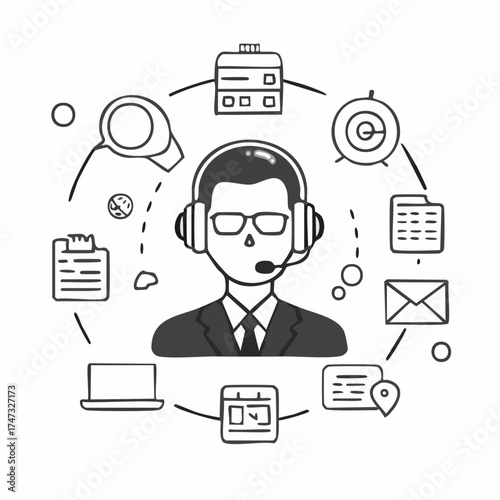 Line style icons of customer support and help systems: live agent icon, support ticket, FAQ icon, return help, shipping issue, product inquiry, warranty help, chatbot icon, customer service call,