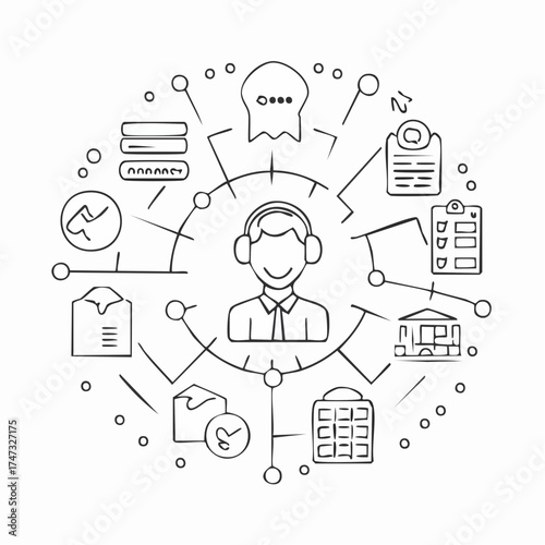 Line style icons of customer support and help systems: live agent icon, support ticket, FAQ icon, return help, shipping issue, product inquiry, warranty help, chatbot icon, customer service call,