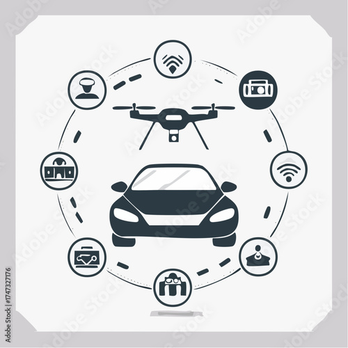 Solid style icons of autonomous mobility: self-driving car, drone taxi, AI pilot, smart traffic sensor, adaptive cruise icon, delivery drone, robot courier, lidar scanner.