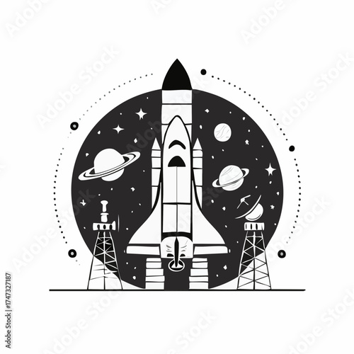 Vector illustration of space exploration with satellite, rocket, planets, and telescope. Bold flat style, suitable for science content