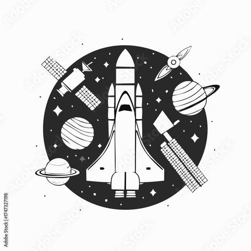 Vector illustration of space exploration with satellite, rocket, planets, and telescope. Bold flat style, suitable for science content