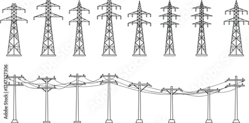 Electricity transmission and distribution towers with power poles and lines, high voltage energy infrastructure, industrial grid system, black and white vector illustration
