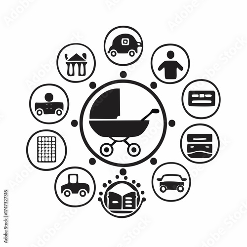 Solid style icons of parenting moments: bedtime story, stroller icon, feeding baby, carrying child, diaper change, school drop-off, calming hug, playtime on floor.