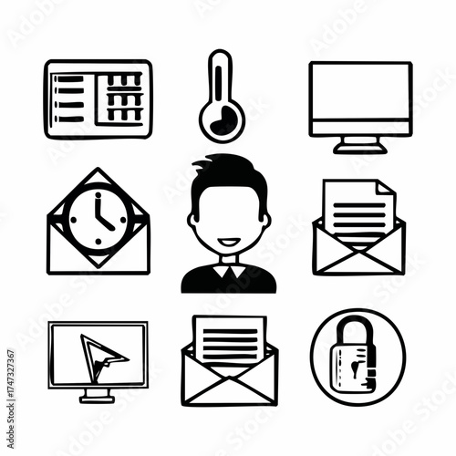 Set of icons for a computer program. The icons include a clock, a key, a person, a computer monitor, a mouse, a paper, a folder, a check mark, and a check box