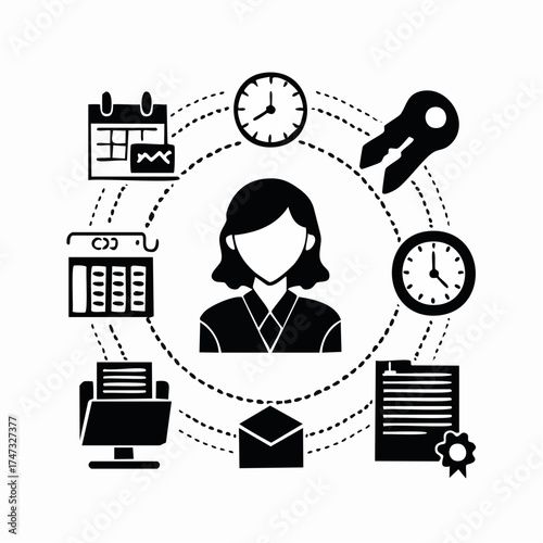 Set of icons for a computer program. The icons include a clock, a key, a person, a computer monitor, a mouse, a paper, a folder, a check mark, and a check box