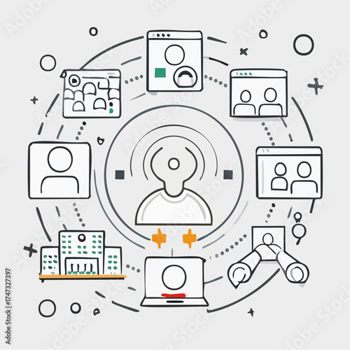 Line style icons of team meetings and video collaboration: video call icon, team sync badge, scheduled Zoom icon, camera + calendar tile, daily standup screen, speaker tile, shared screen tag,