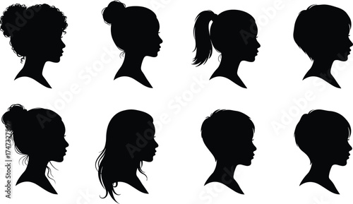 Female profile silhouette vector set, woman hairstyle collection, elegant side view portrait design, fashion beauty illustration, hairstyle diversity concept art