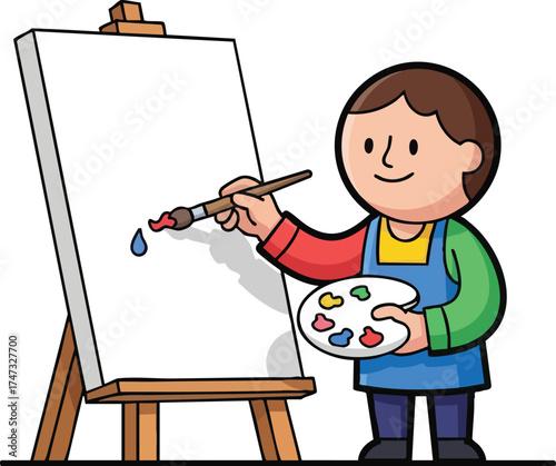 Cartoon artist painting on a canvas with palette and brush.