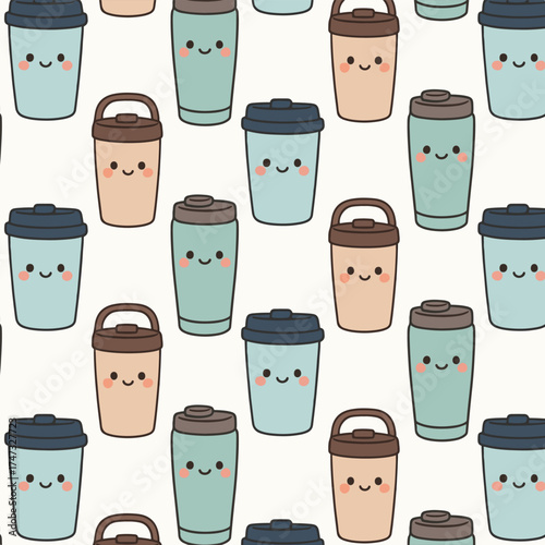 Cute illustration of various smiling coffee cups in pastel colors arranged in a playful pattern, showcasing a cheerful and whimsical design for beverage lovers and coffee enthusiasts