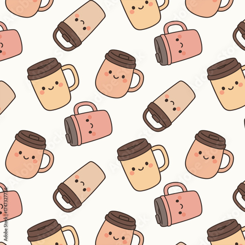 Cute cartoon illustration of smiling coffee mugs and cups in various shapes and colors, creating a playful and cheerful pattern suitable for backgrounds and designs