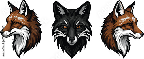 Fox and wolf head illustration, wild animal vector design, predator face artwork, forest wildlife mascot logo, nature inspired graphic emblem