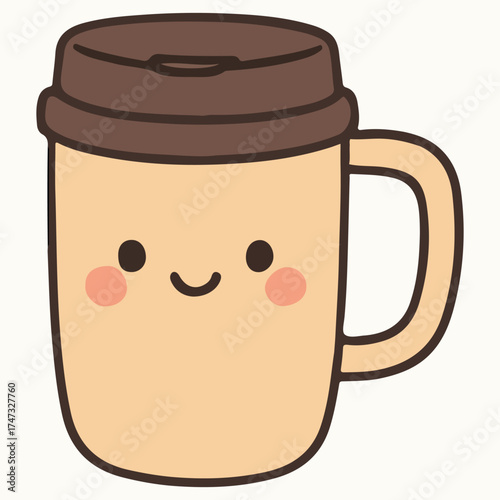 Cute cartoon illustration of a smiling coffee mug with a brown lid and cheerful expression, perfect for conveying warmth and happiness in beverage-related designs