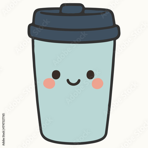 Cute cartoon illustration of a smiling coffee cup with a blue lid, featuring rosy cheeks and a friendly expression, perfect for playful designs and cheerful branding concepts