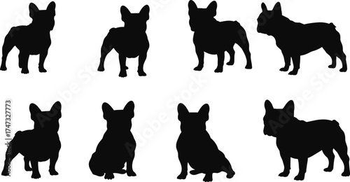  French bulldog vector silhouettes, dog breed illustration collection, pet animal design elements, cute puppy poses, domestic dog graphic icons set