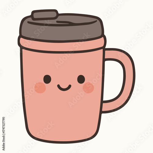 Cute cartoon illustration of a smiling pink coffee mug with a brown lid, featuring a cheerful face, perfect for conveying warmth and joy in beverage-related designs