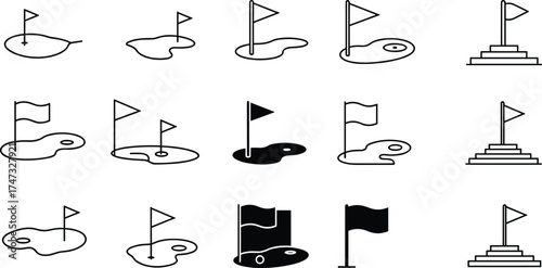  Golf course flag icons, golf hole line symbols, sports field illustration set, minimal golf pin signs, competition and tournament graphic elements