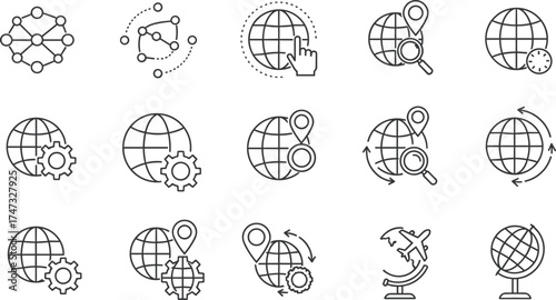 Global network connection icons, internet technology line symbols, globe and location pin vector set, worldwide communication, navigation, travel, SEO concept illustration
