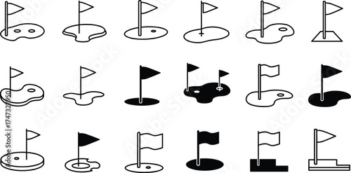  Golf flag icons set, minimalist golf course symbols, putting green flag collection, outline and solid style, vector illustration design pack