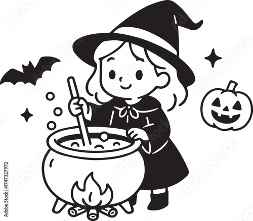 Young girl in a witch costume stirring a bubbling cauldron over a fire, surrounded by bats and a pumpkin, creating a whimsical Halloween atmosphere with magical elements