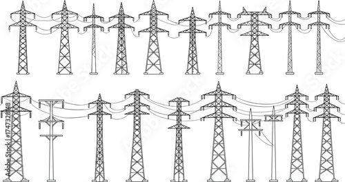 High voltage power transmission towers and electric poles vector illustration, electricity distribution system, energy infrastructure network, industrial engineering concept design